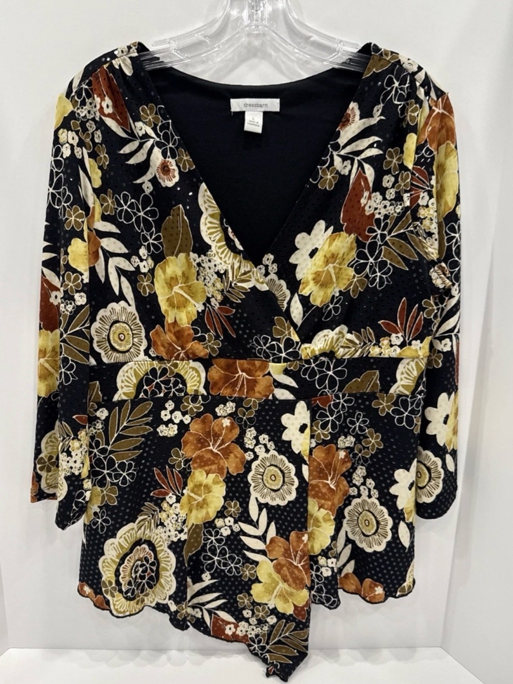 Dressbarn Women's L Babydoll Top Black Multi Floral Shiny Y2K Whimsigoth